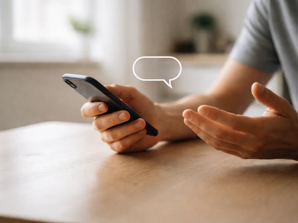 Hand holding a phone with an implied empty speech bubble, suggesting casual dialogue and a gesture.