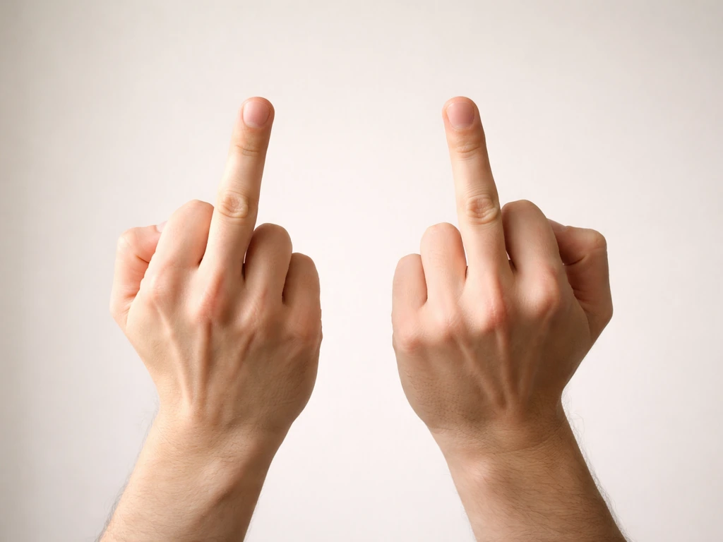 Two empty hands side by side showing the same middle-finger gesture in a plain, minimal setting.