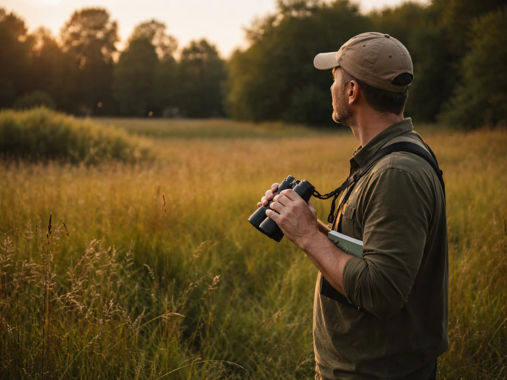 Person birdwatching outdoors with binoculars and a field guide in a natural landscape.