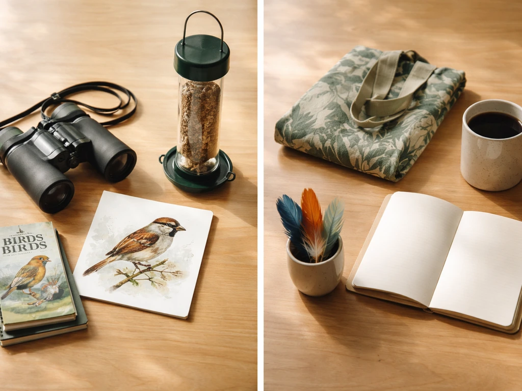 Minimal split scene: birdwatching tools beside casual everyday objects suggesting “more bird-related stuff.”