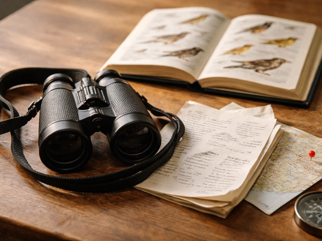 Binoculars and field guide beside scribbled field notes and a birding map pin on a wooden table
