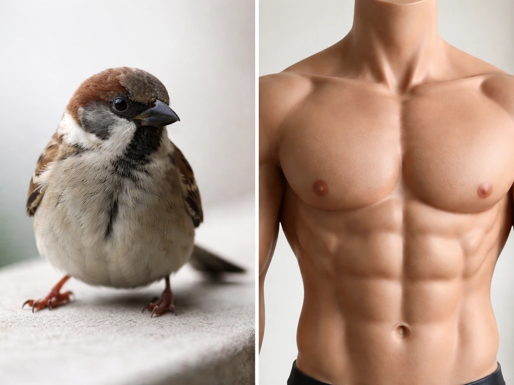 Close-up comparison of a bird’s protruding sternum versus a broad muscular chest silhouette