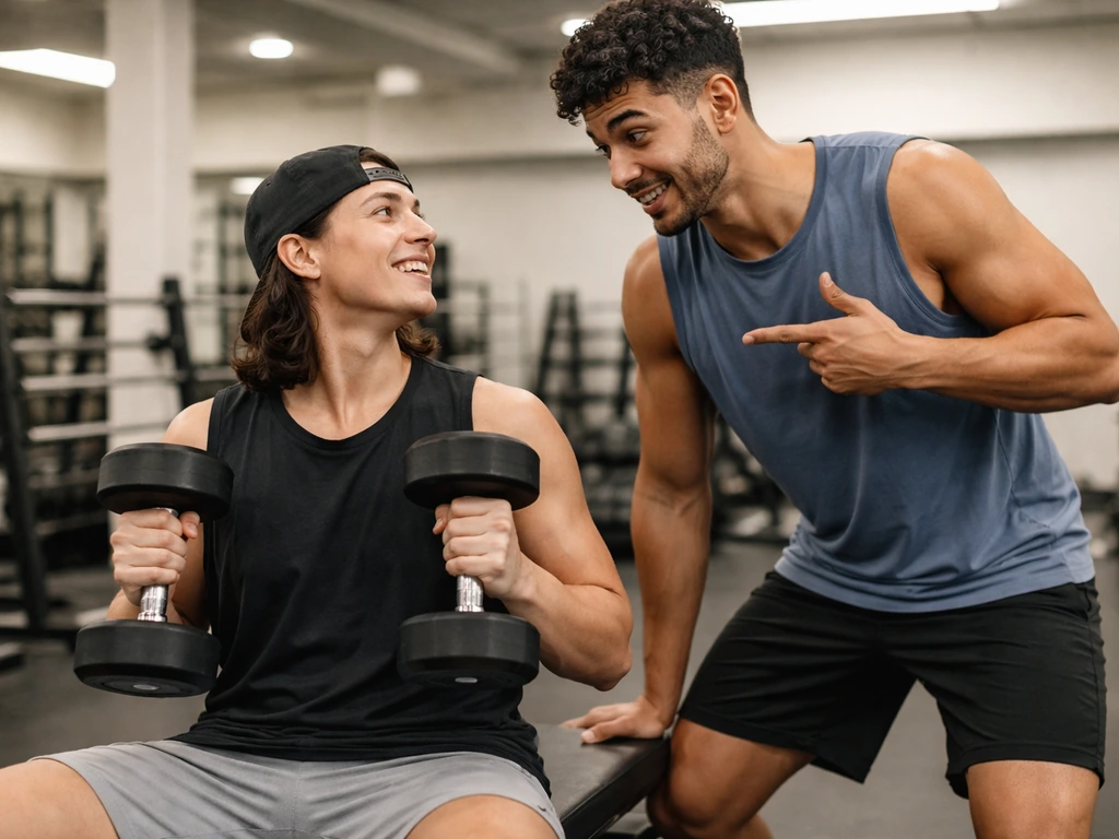 Two gym friends joking while one holds a dumbbell and the other gestures playfully during a workout