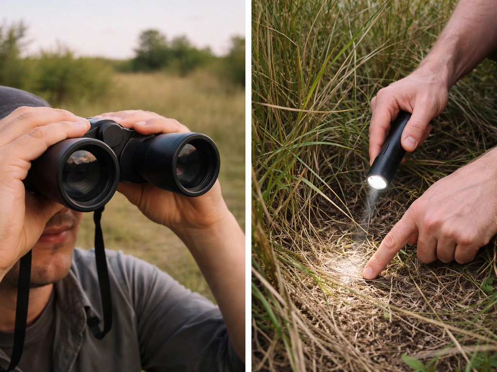 Split-scene: binocular watching closely on one side and flashlight searching for clues on the other.