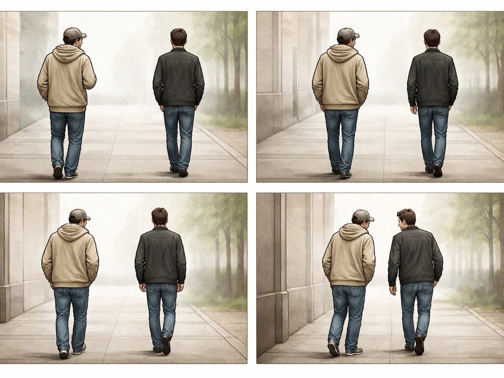 Four small vignette frames showing respectful checking, tracking, close tailing, and invasive harassment on a sidewalk.