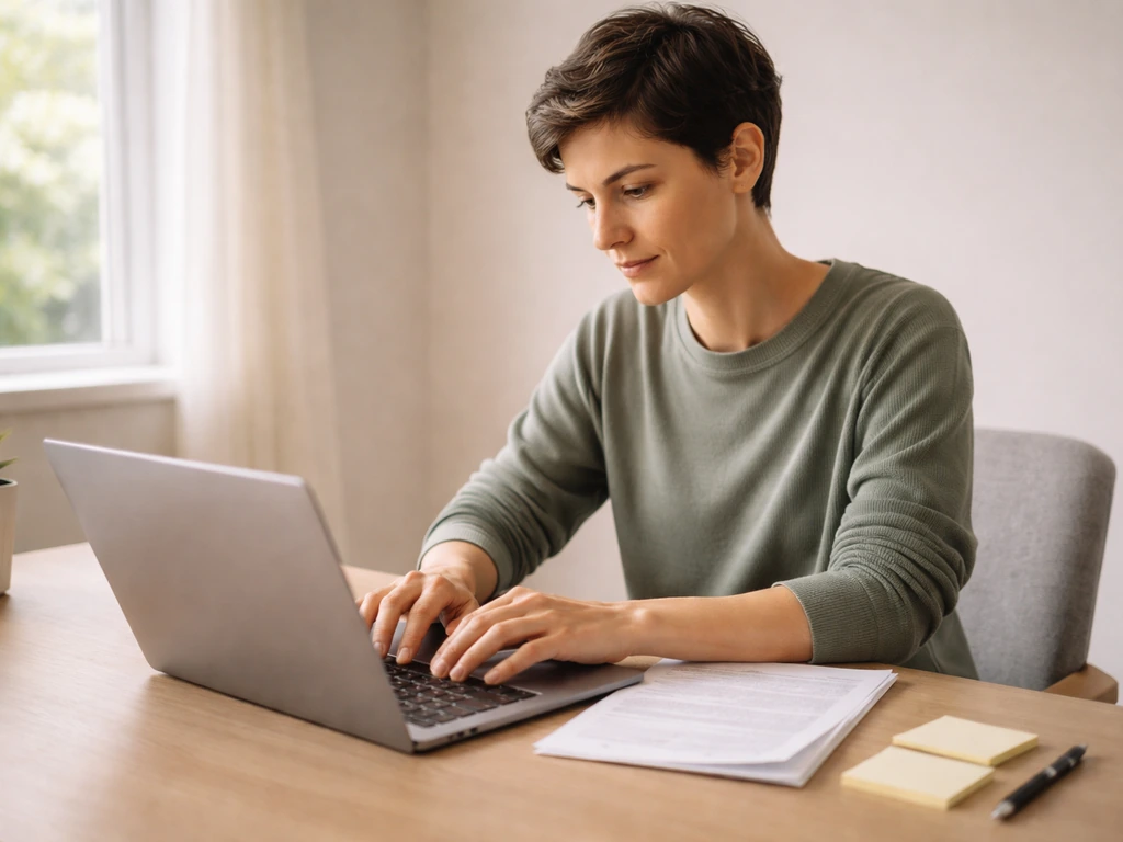 Calm person at a desk reviewing documents and drafting a respectful message, with blank notes nearby.