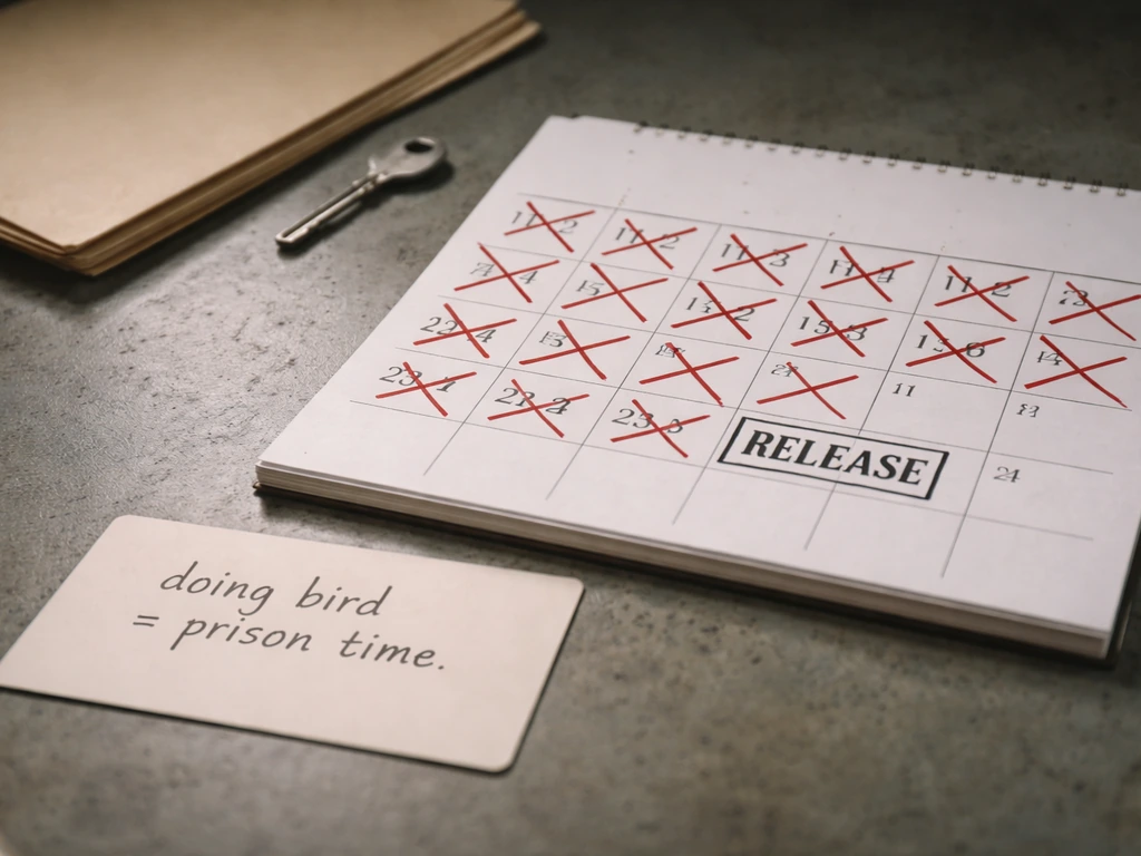 Close-up of a prison calendar with crossed-out dates and a small hand-written note about “doing bird”