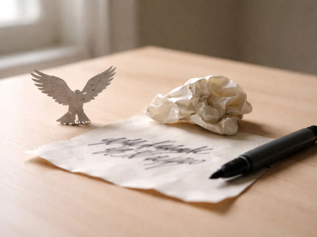 Minimal tabletop scene with a small paper eagle silhouette and marker suggesting the “ill eagle” pun without readable te