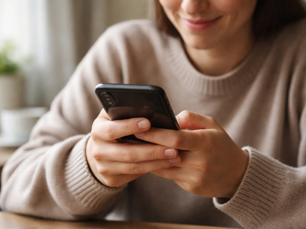 Someone smirking over a phone showing a sarcastic message, suggesting backhanded mockery.