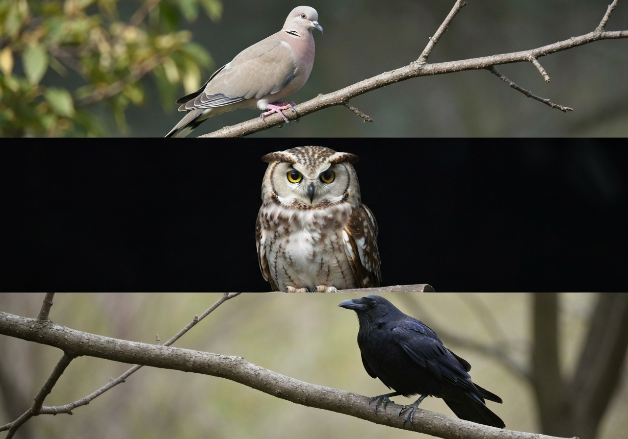 Three birds representing peace, wisdom, and darkness symbolism on a branch