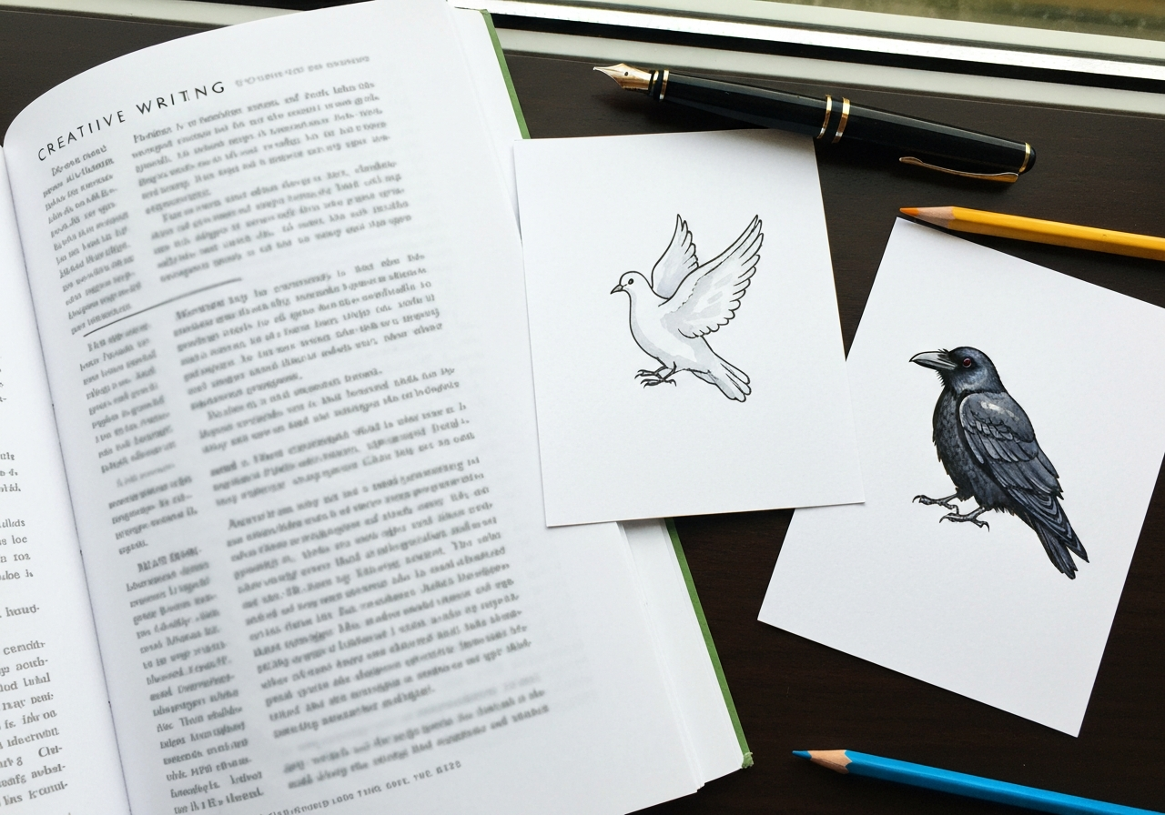 A creative writing scene using bird symbolism with a manuscript layout