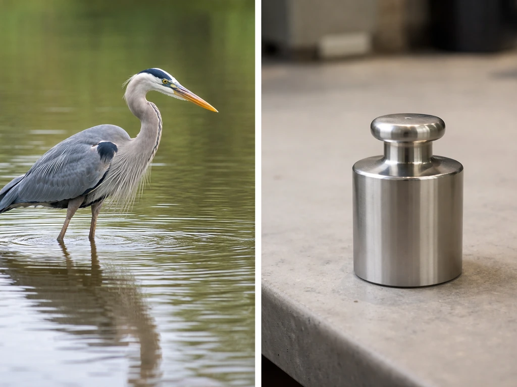 Split image: heron wading in water vs. a metal kilogram weight on a table.