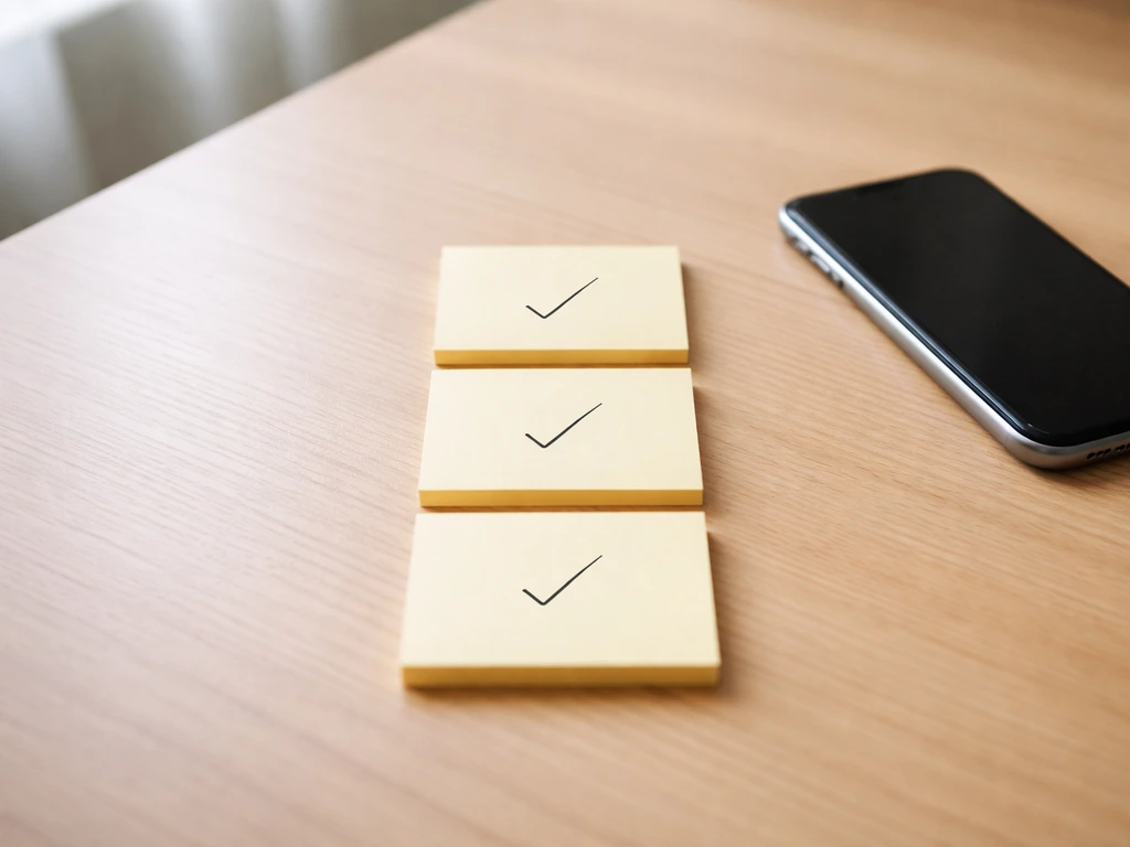 Minimal desk scene with three sticky-note checkmarks for determining meaning from context