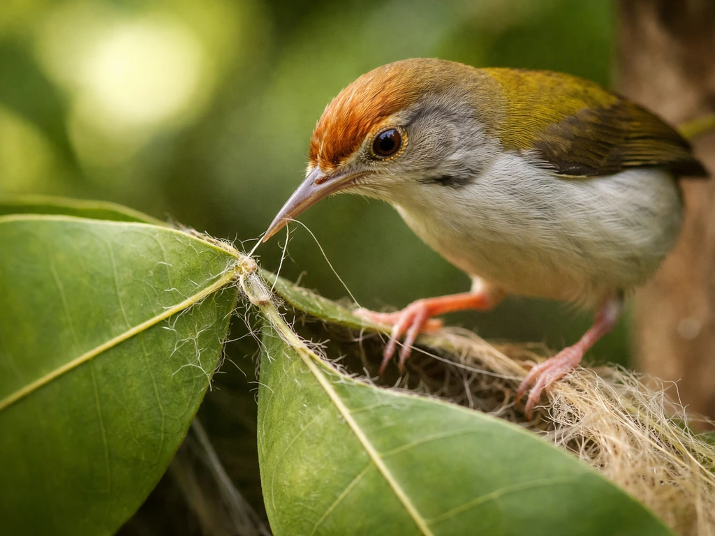 A tailorbird sewing leaves into a nest with visible thread-like fibers in soft natural light.