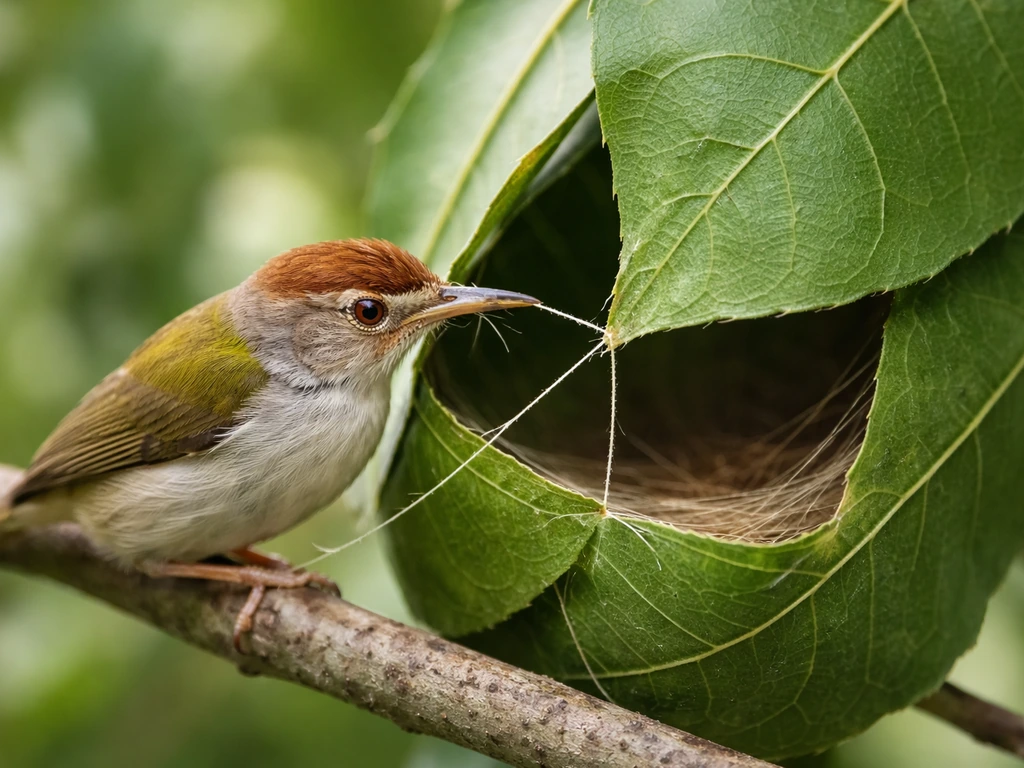 A tailorbird stitches two leaf edges together with its long bill in a simple nest.