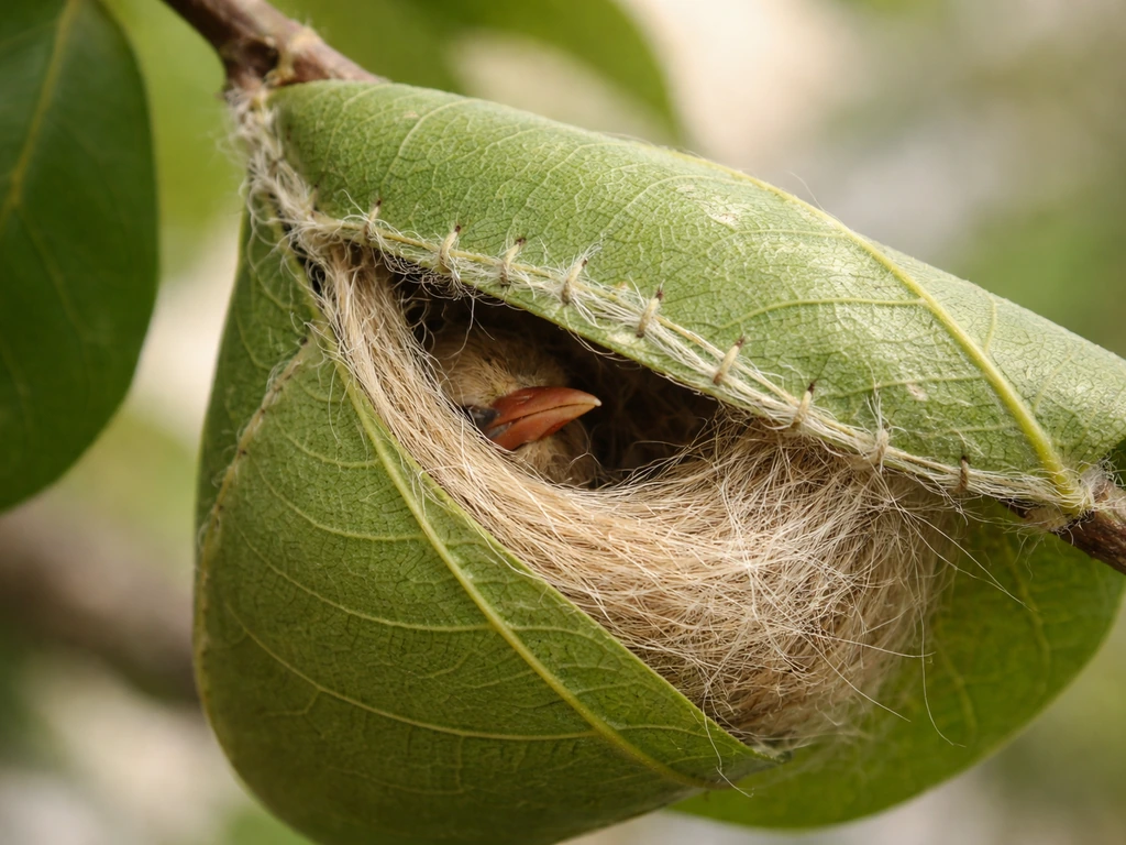 Close-up of a tailorbird nest and nearby leaf with natural stitching patterns in a clean outdoor setting.