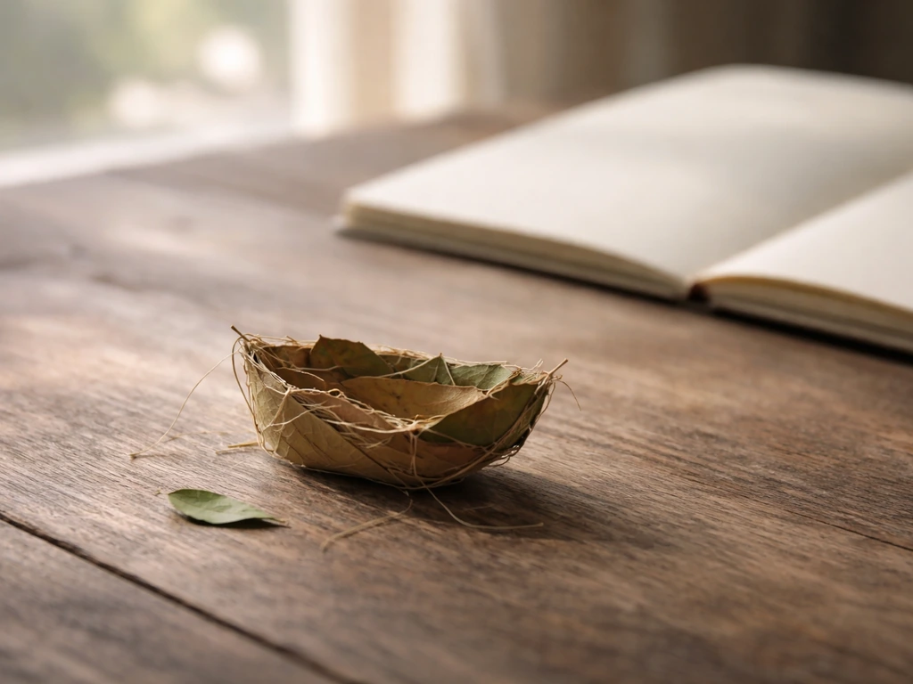 Minimalist close-up of a small stitched leaf nest fragment on a wooden table in calm natural light.