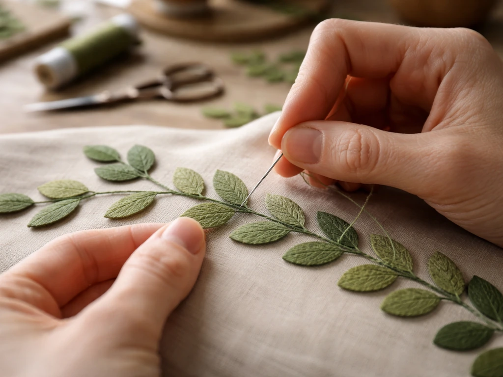Close-up of precise hand stitching on green fabric, suggesting careful leaf-like craftwork.