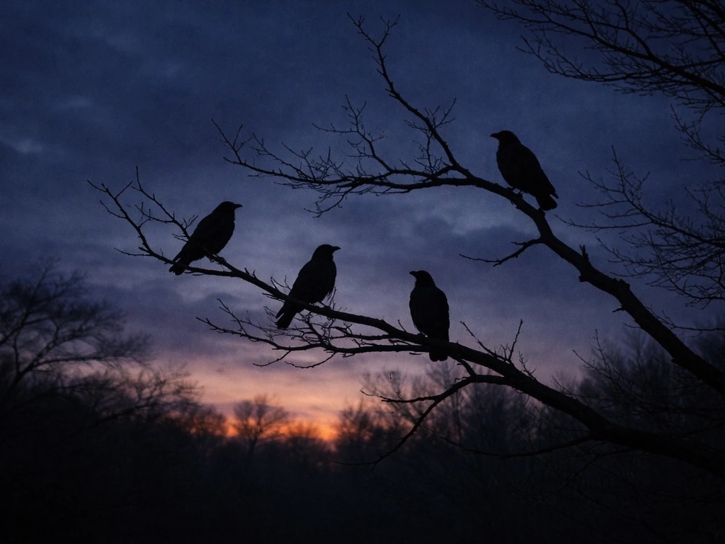 Silhouetted crows perched on bare branches at dusk, conveying an ominous murder of crows feeling