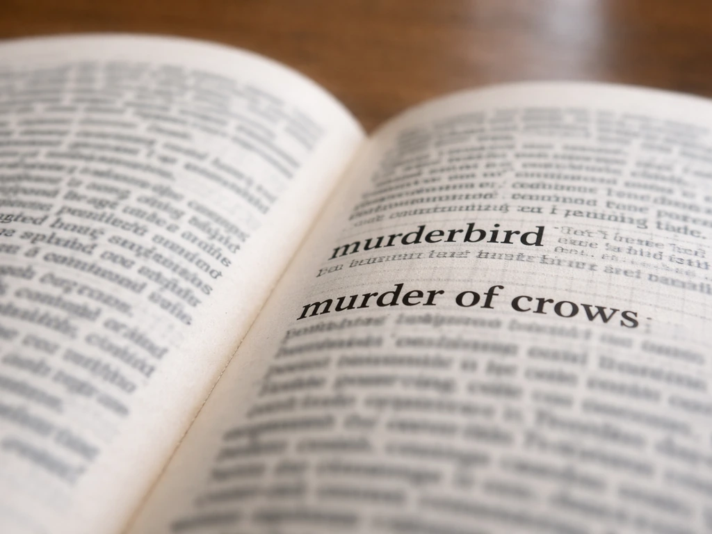 Close-up of an open dictionary showing contrasting one-word and multi-word wording for “murder bird” meanings.