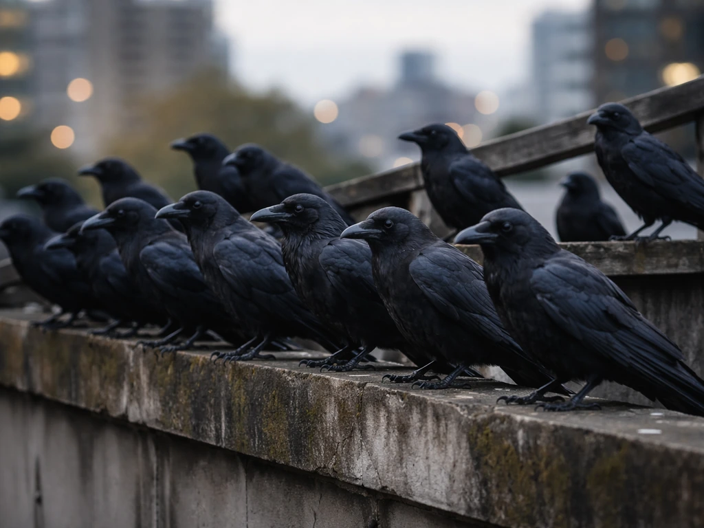 A group of crows gathered on a rooftop edge at dusk, perched close together.