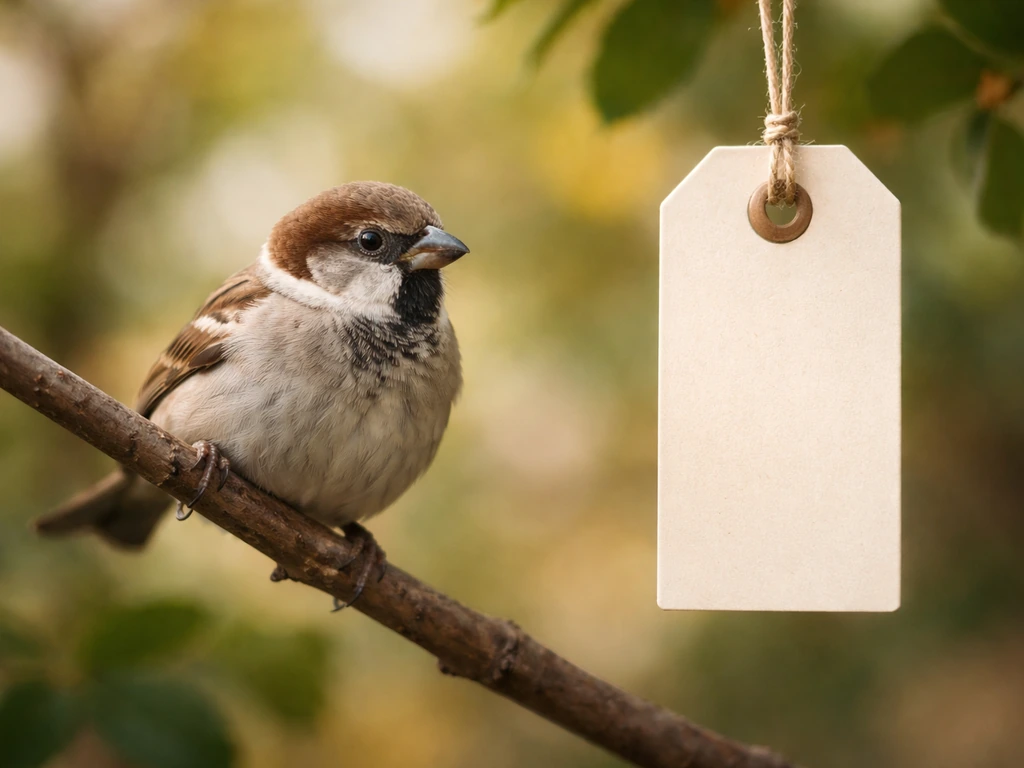 Small bird perched next to a blank price tag, symbolizing literal cost and idiom meaning.