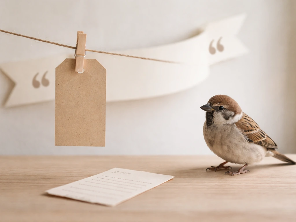 A small bird beside blank price tag, quotation-style ribbon, and a receipt-like tag on a tabletop.