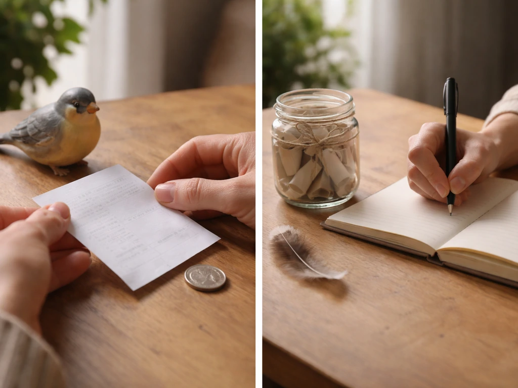 Two-panel photo: receipt and coins for literal cost vs notebook writing and a feather for figurative meaning.