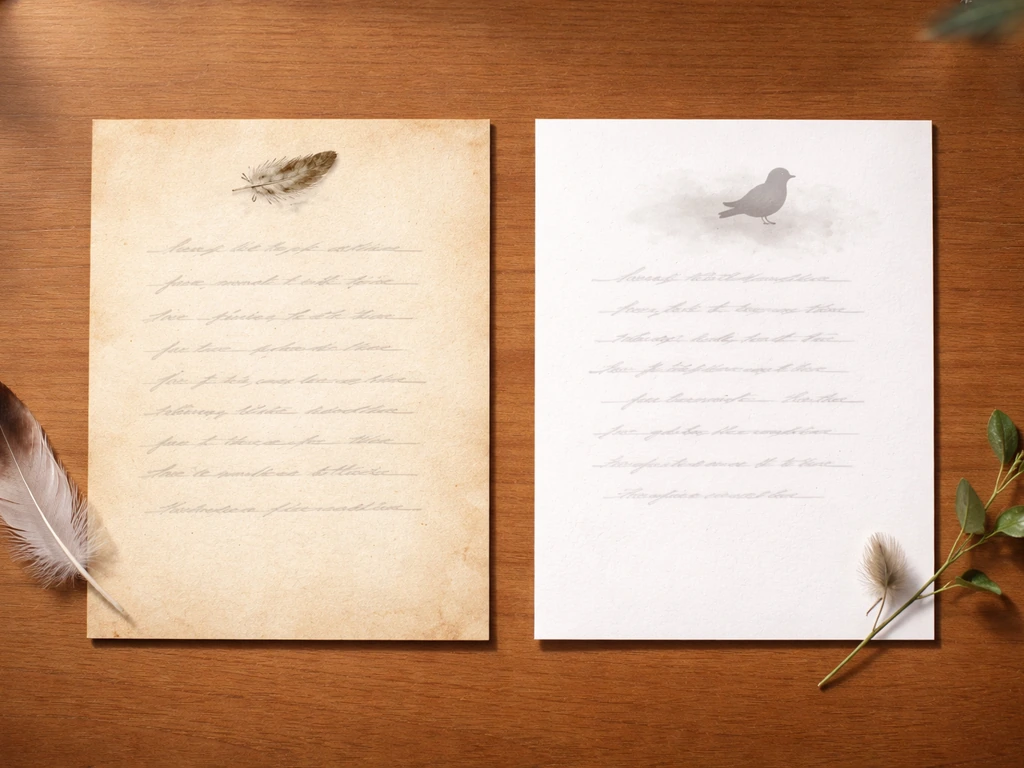 Two bird-themed paper cards on a wooden desk with a feather and a small sprig nearby.