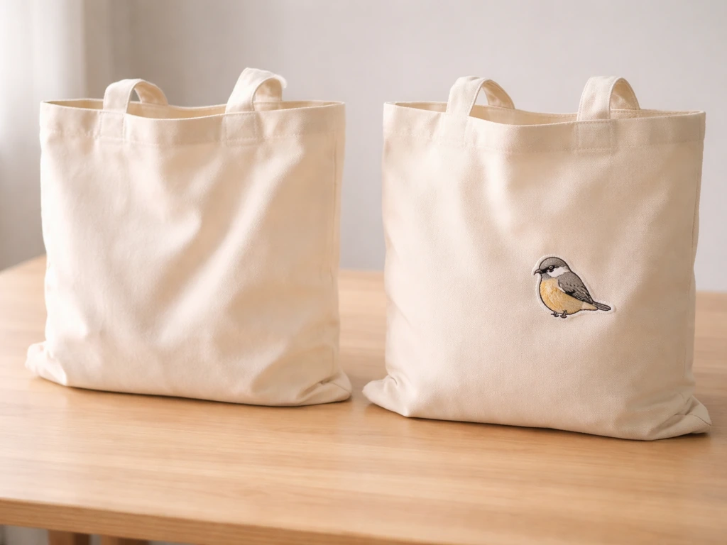 Unfinished tote beside the same tote with a small bird sticker added as a humorous before-and-after.