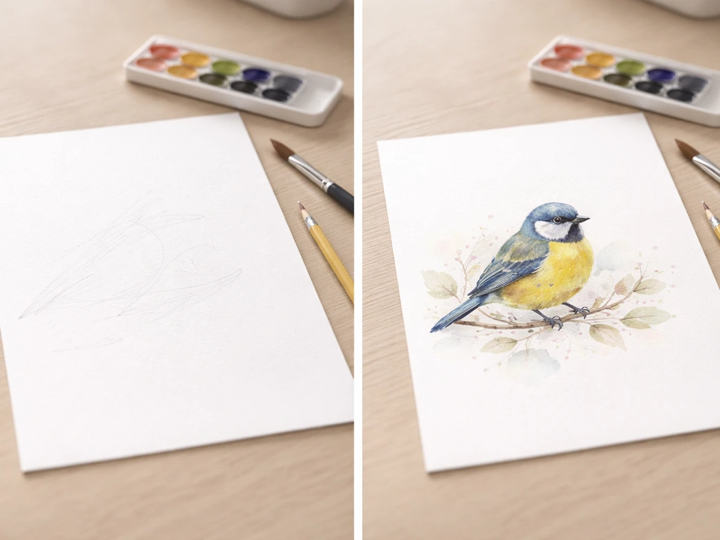 Two side-by-side panels: blank sketch page labeled only by visuals, then a bird added making the scene look finished and