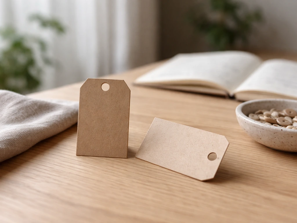 Minimal home-studio scene with two contrasting decorative tags near fabric and a notebook, showing meaning depends on co