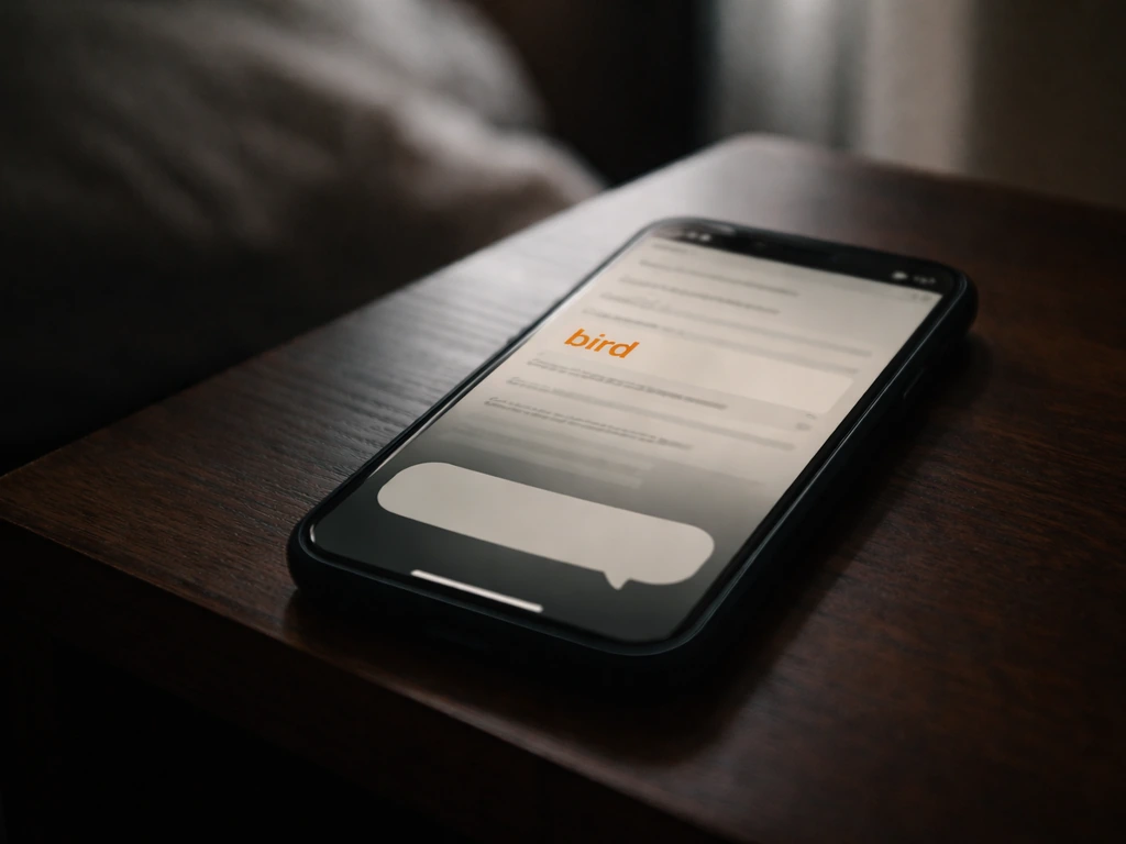 Moody close-up of a phone screen with a highlighted slang term “bird” and a blank conversation bubble.