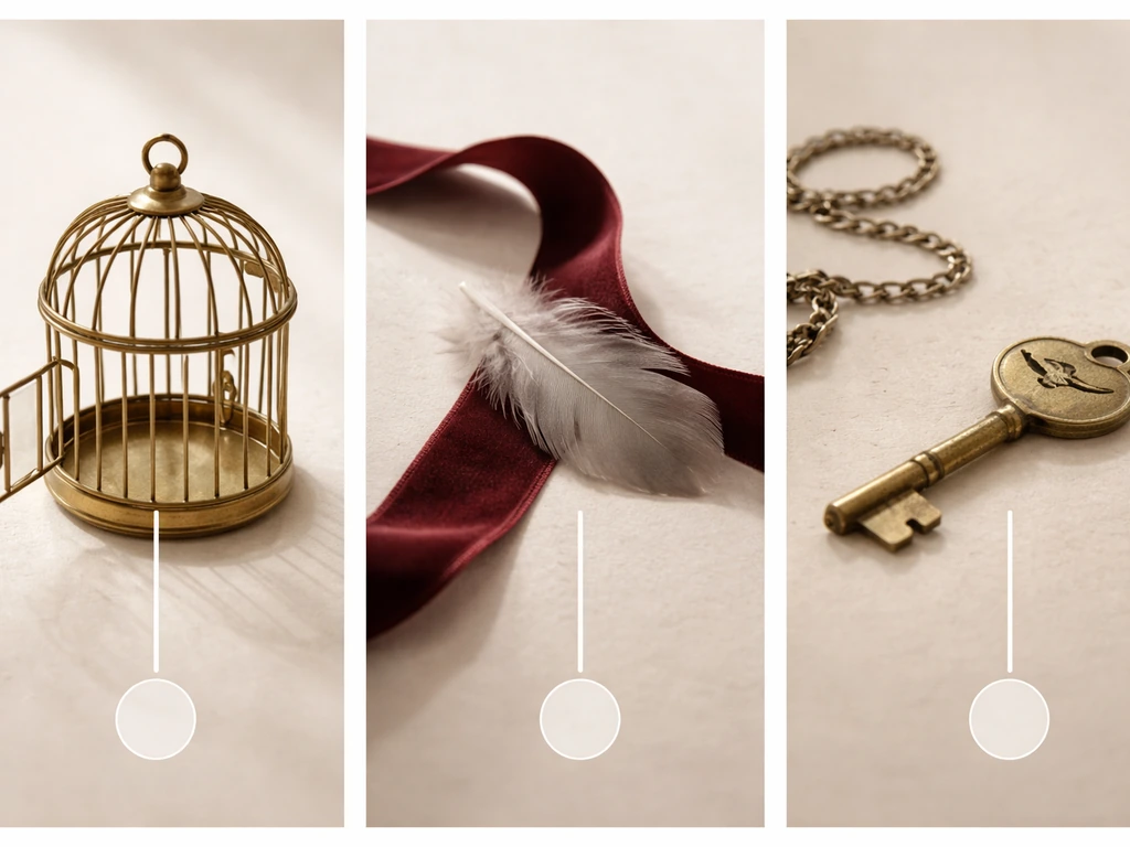 Minimal collage of a small birdcage, a feather, and a simple abstract key shape suggesting “bird” slang euphemisms.
