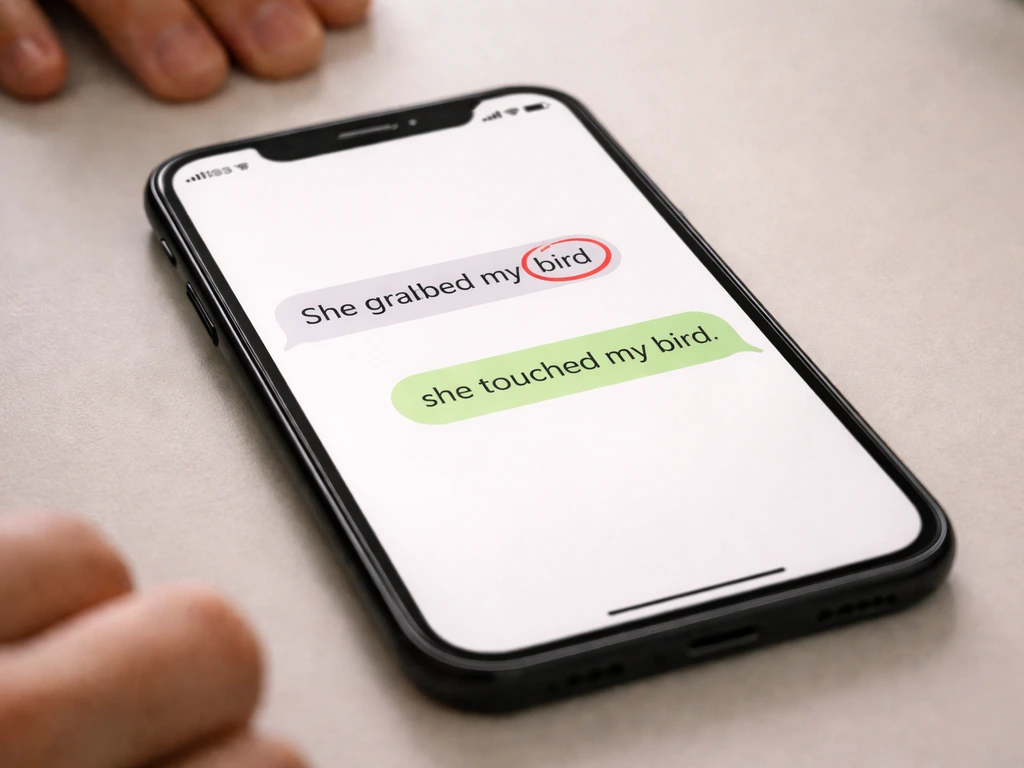 Close-up of a phone screen with chat bubbles showing “bird” used with body-part context, implying sexual meaning.