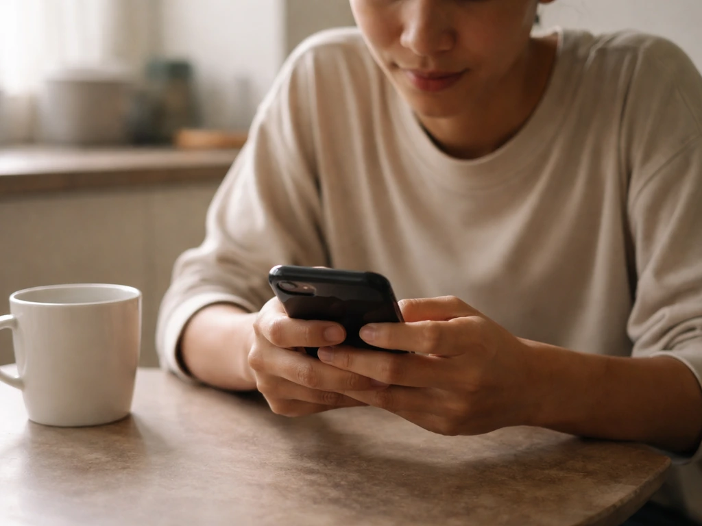 Person holding a phone and typing a casual message to clarify what someone meant, relaxed setting.