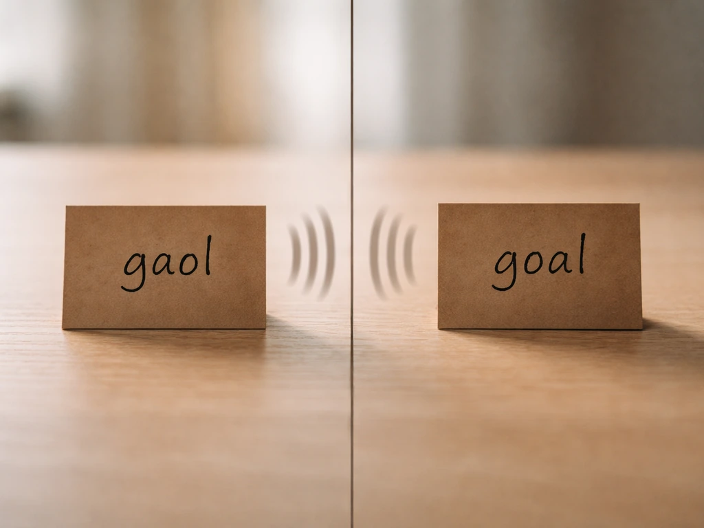 Split view of gaol and goal with matching mouth sounds concept shown by simple sound waves.