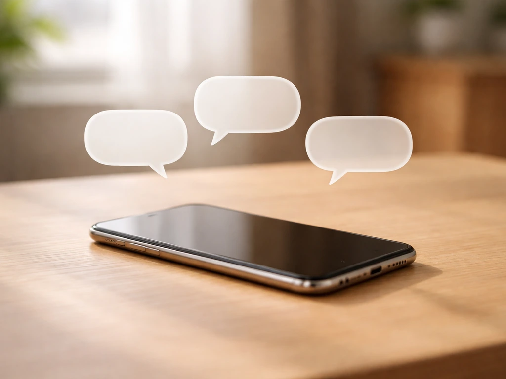 Phone on a wooden table with three blank quote bubbles suggesting slang idiom examples.