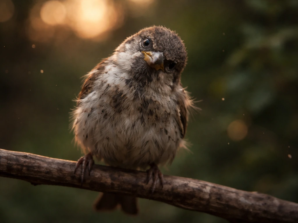 Mischievous smudged cartoon bird perched on a branch at dusk with soft blurred greenery behind it