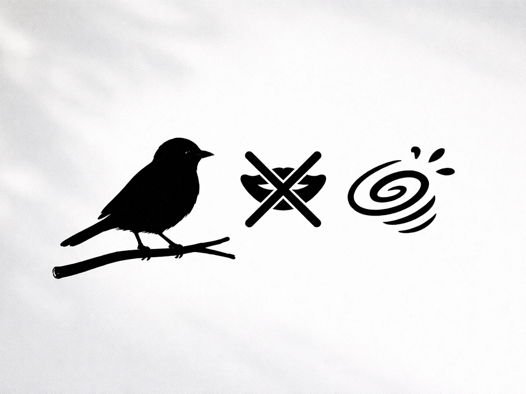 Mischievous bird silhouette with minimal icons suggesting rowdiness and bad manners.