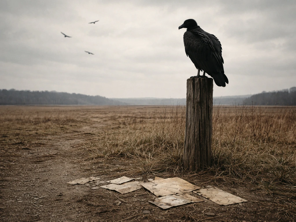 Black vulture on a wooden post in a quiet rural landscape with faint aged ledger paper scraps nearby.