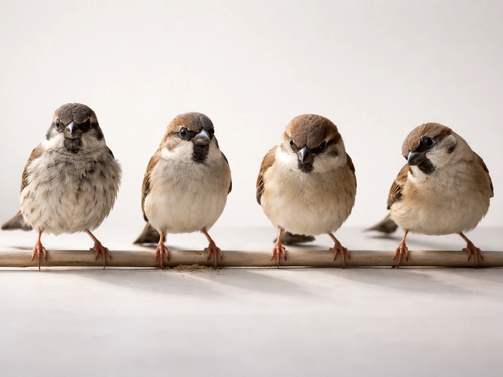 Four small realistic birds side-by-side on a neutral tabletop, each suggesting different slang meanings.