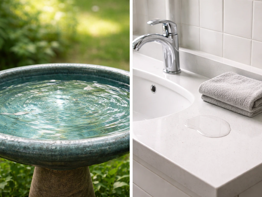 Garden bird bath water next to a bathroom sink washcloth, showing a clear literal-vs-slang meaning shift.