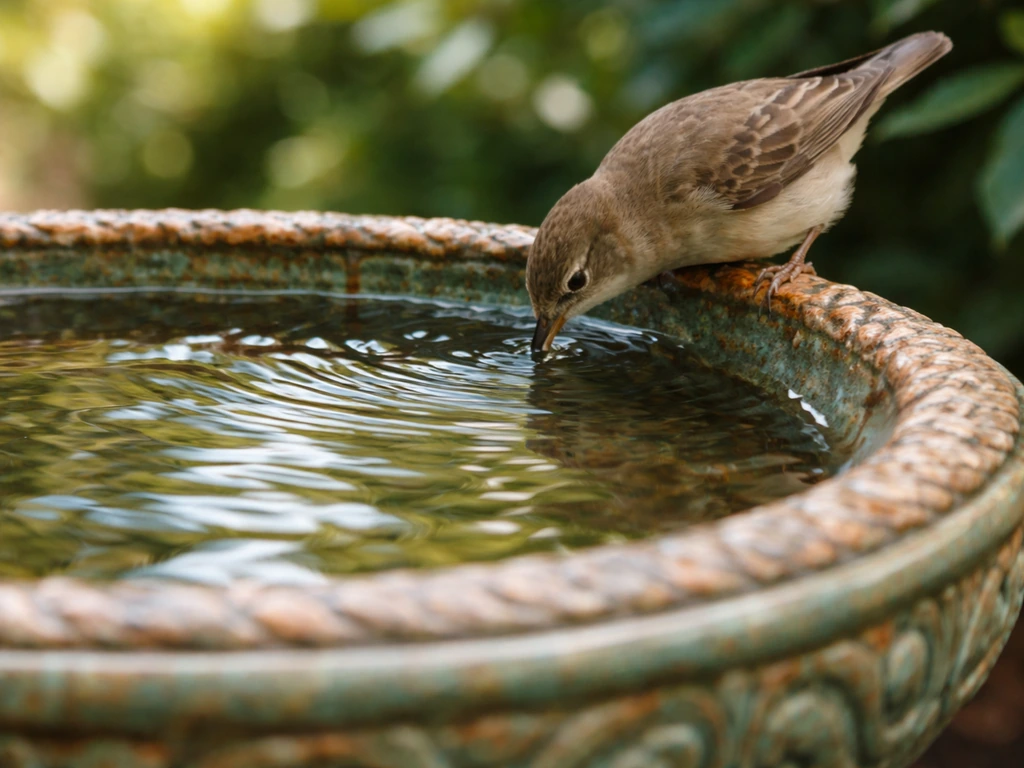 Close-up of a decorative bird bath with shallow water in a quiet garden
