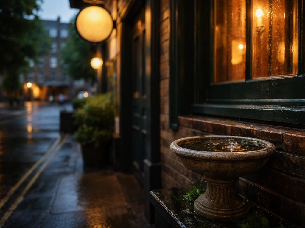 Rainy East London pub entrance with a small decorative bird bath bowl in warm light.