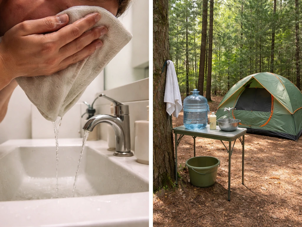 Two-panel photo: hands doing a quick sink wash on the left; campsite with no shower available on the right.