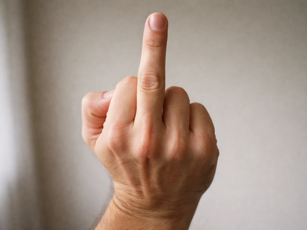 Close-up of a hand making a clear middle-finger gesture in a neutral indoor setting