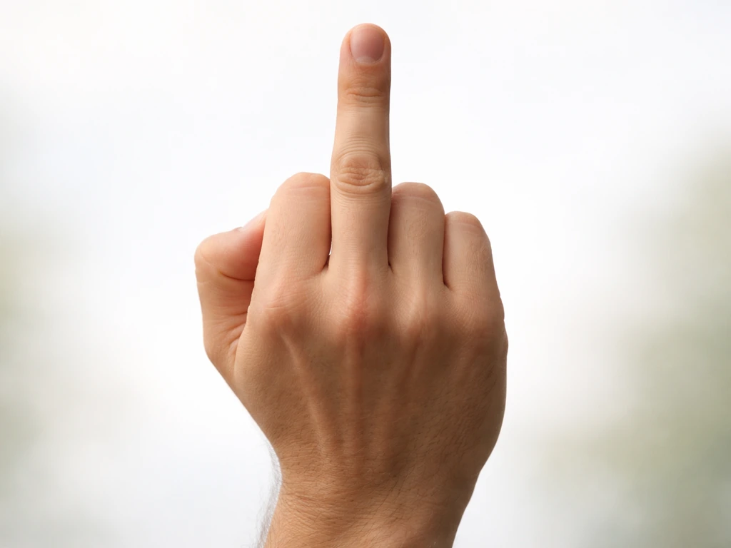 Close-up of a hand making the middle-finger gesture with other fingers folded.
