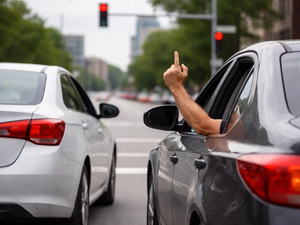 Two cars in heavy road rage; one driver raises a middle finger through the open window.