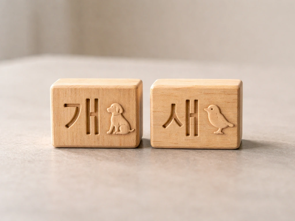 Close-up of wooden blocks showing Hangul 개 and 새 with small dog and bird silhouette cues.